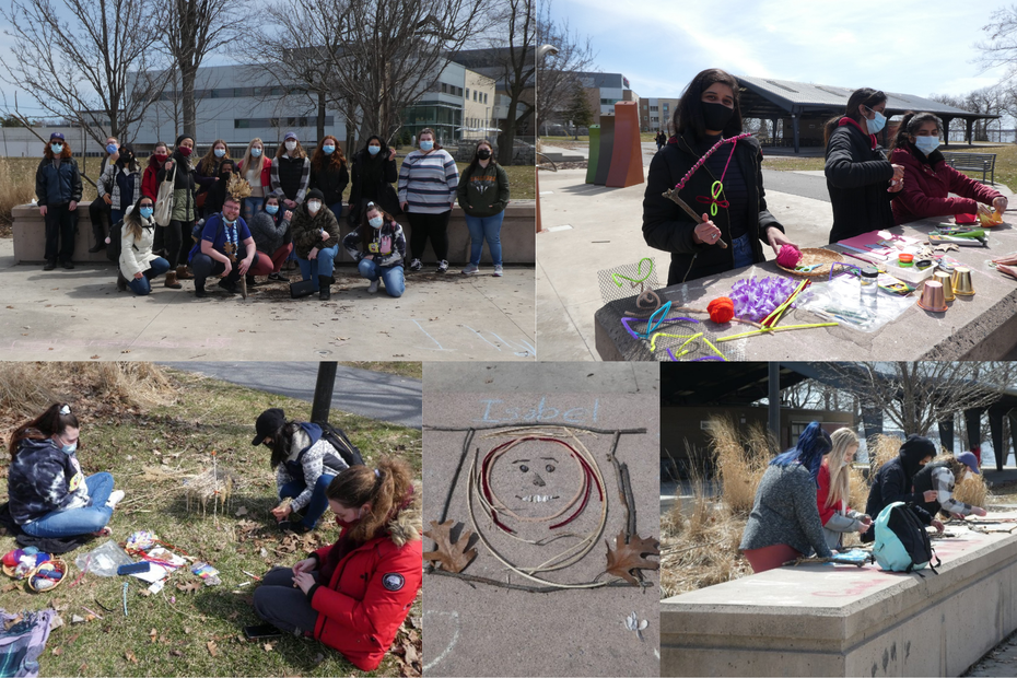 Students are pictured outdoors in a collage of photos, including a group picture of the ECE students, and several pictures of ECE students assembling crafts and activities for young children using natural materials.